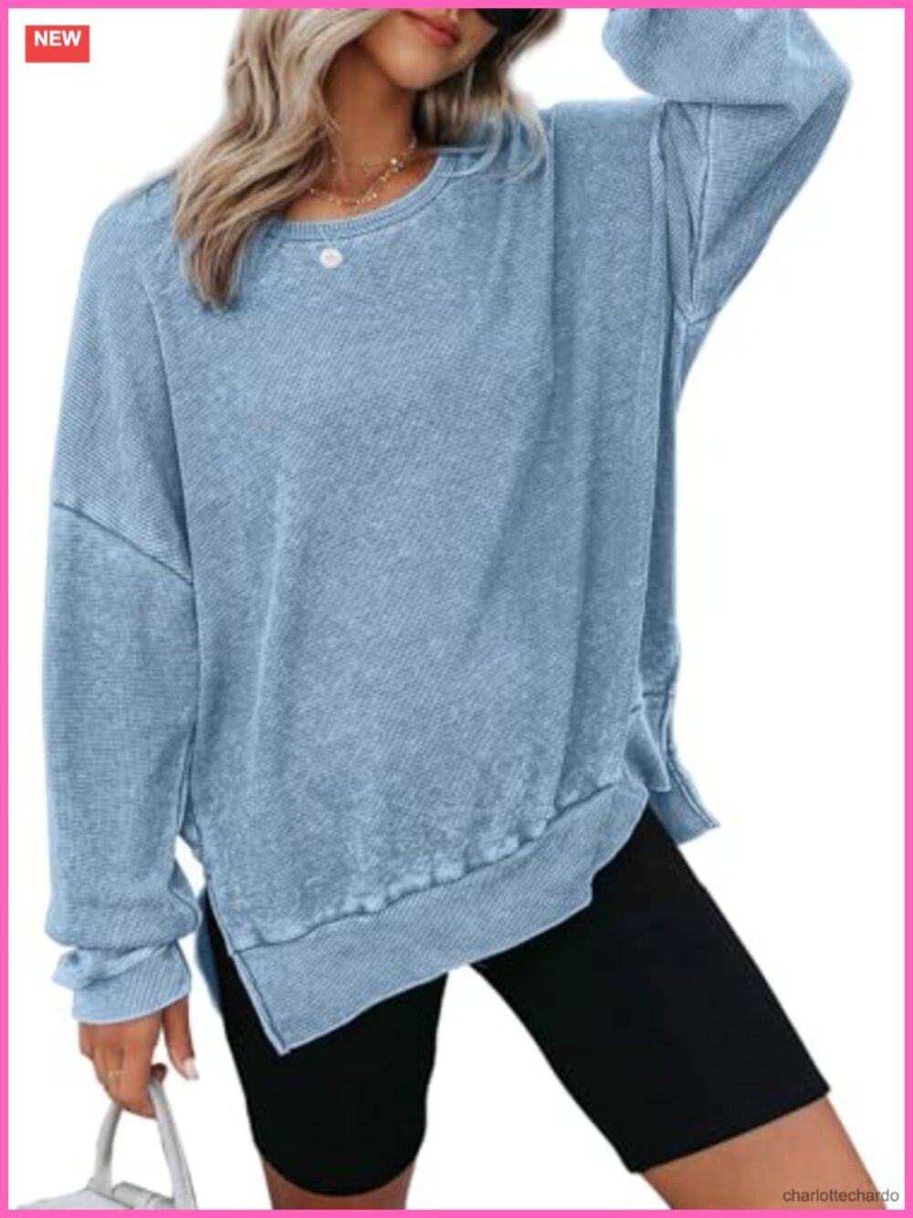 Oversized Waffle Knit Crewneck Sweatshirt Long Sleeve Side Slits Casual
